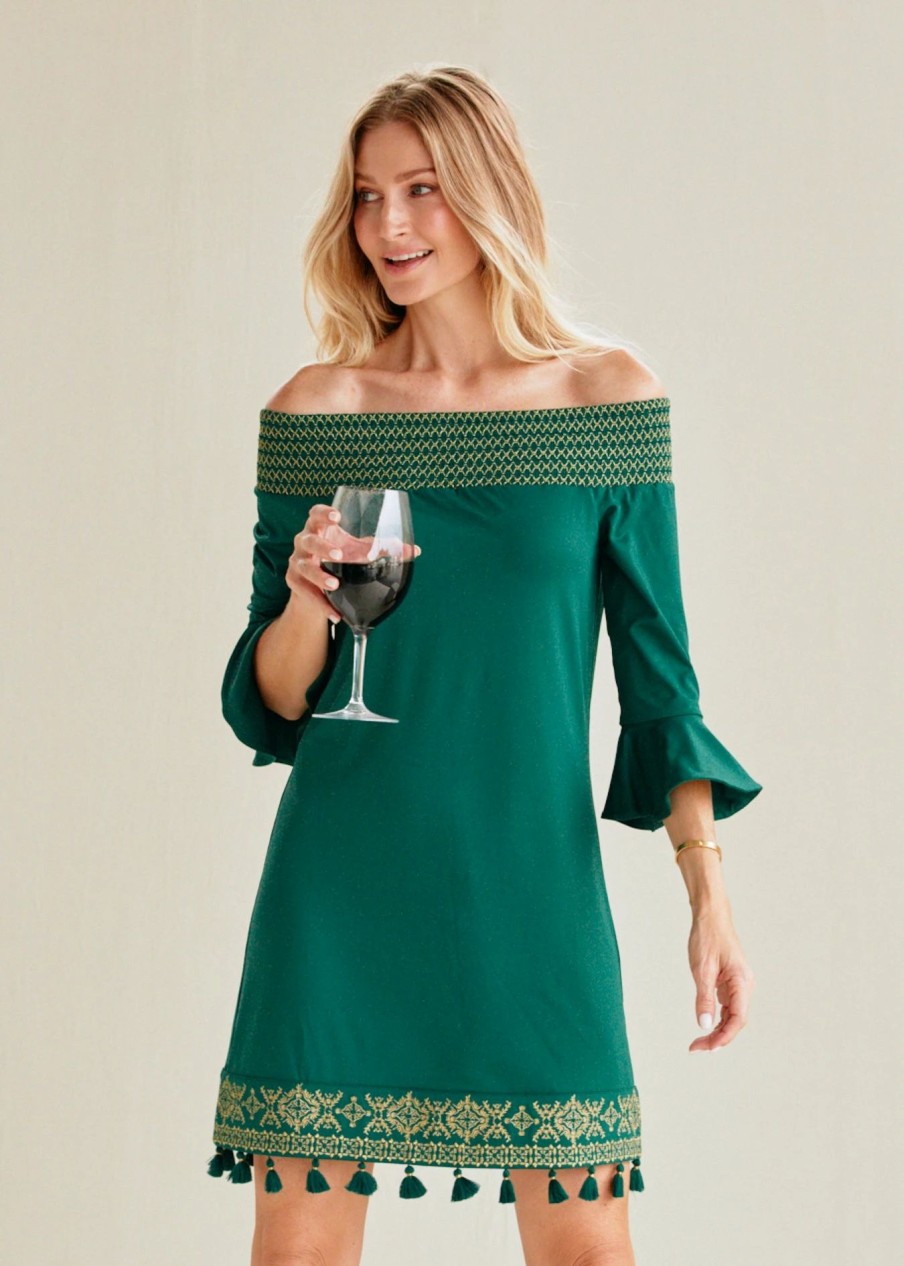 Dresses * | Cabana Life Emerald Metallic Embroidered Off The Shoulder Dress