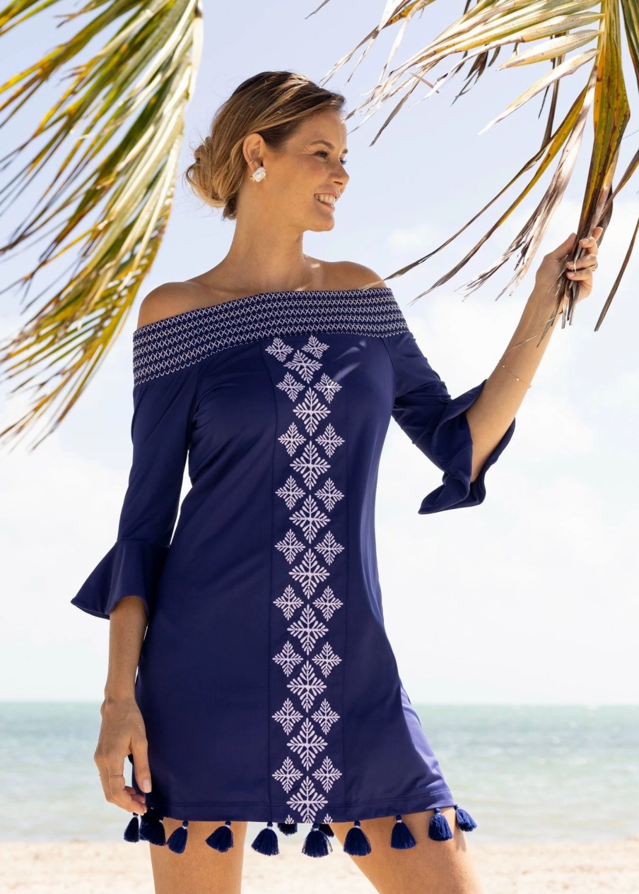 Dresses * | Cabana Life Navy Embroidered Off The Shoulder Dress