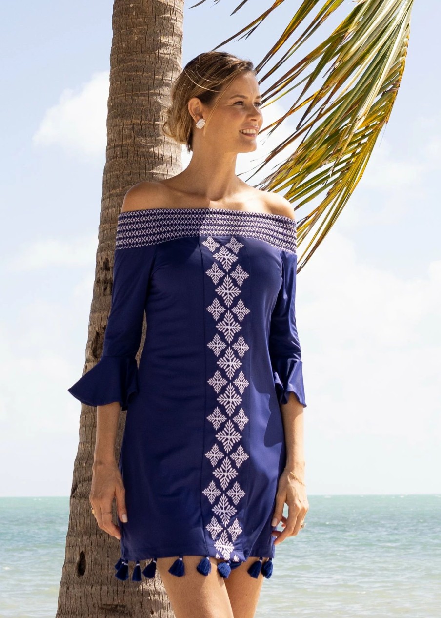 Dresses * | Cabana Life Navy Embroidered Off The Shoulder Dress