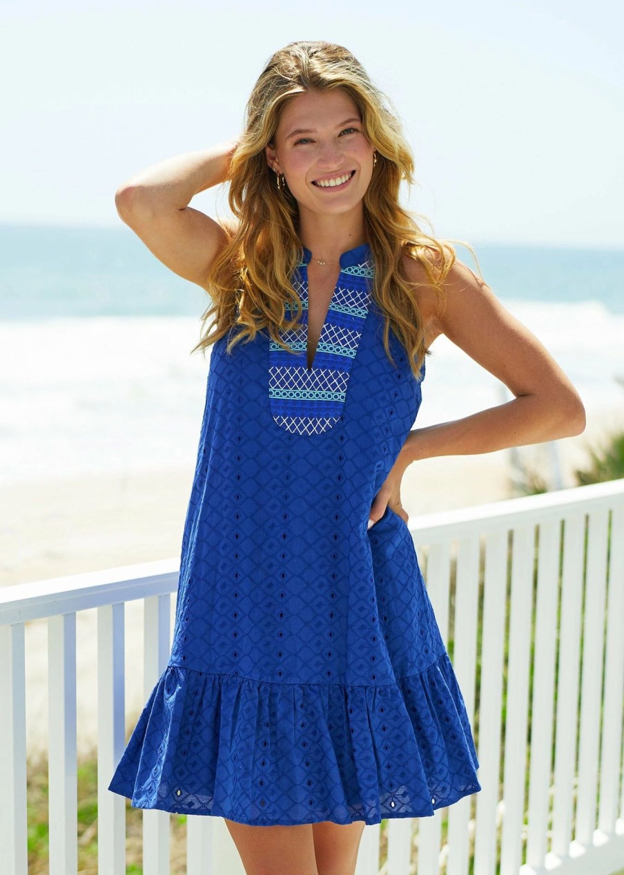 Dresses * | Cabana Life Navy Embroidered Eyelet Halter Dress