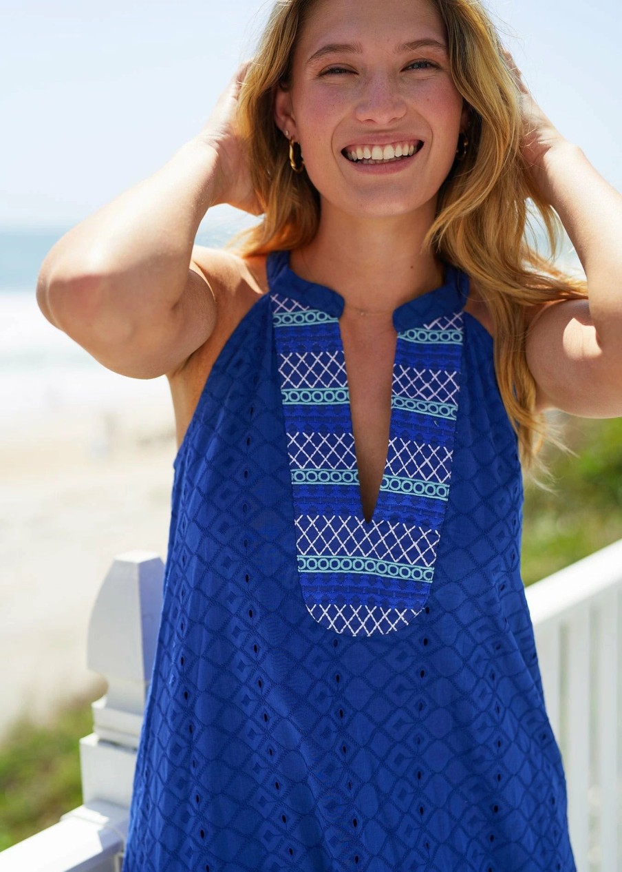 Dresses * | Cabana Life Navy Embroidered Eyelet Halter Dress