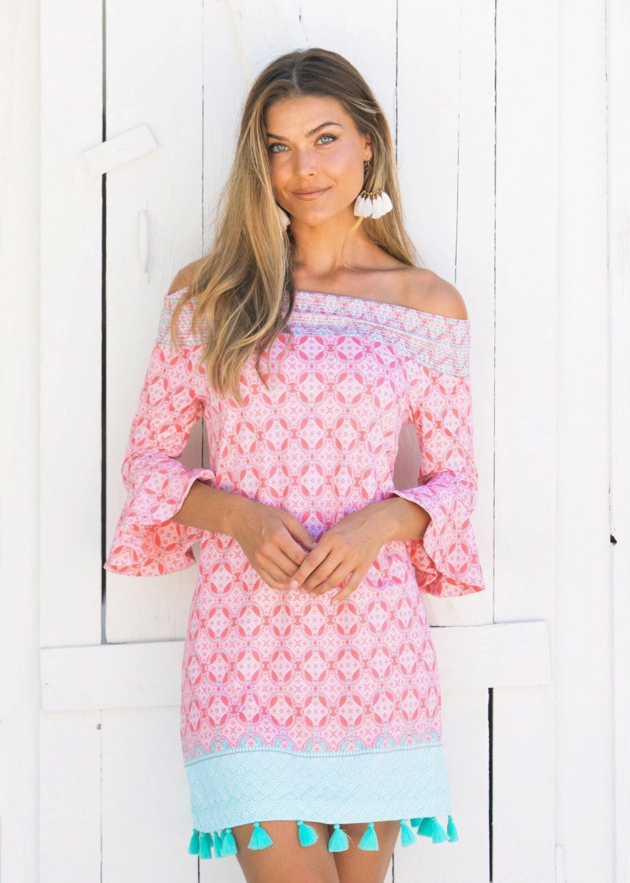 Dresses * | Cabana Life Coral Tides Off The Shoulder Dress