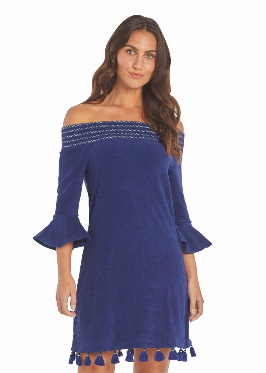 Dresses * | Cabana Life Navy Terry Off The Shoulder Dress