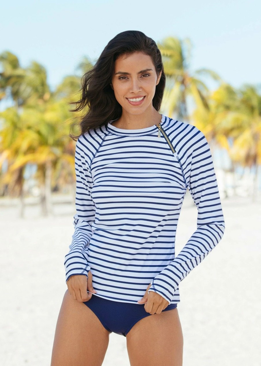 Swim * | Cabana Life Navy Stripe Zipper Rashguard