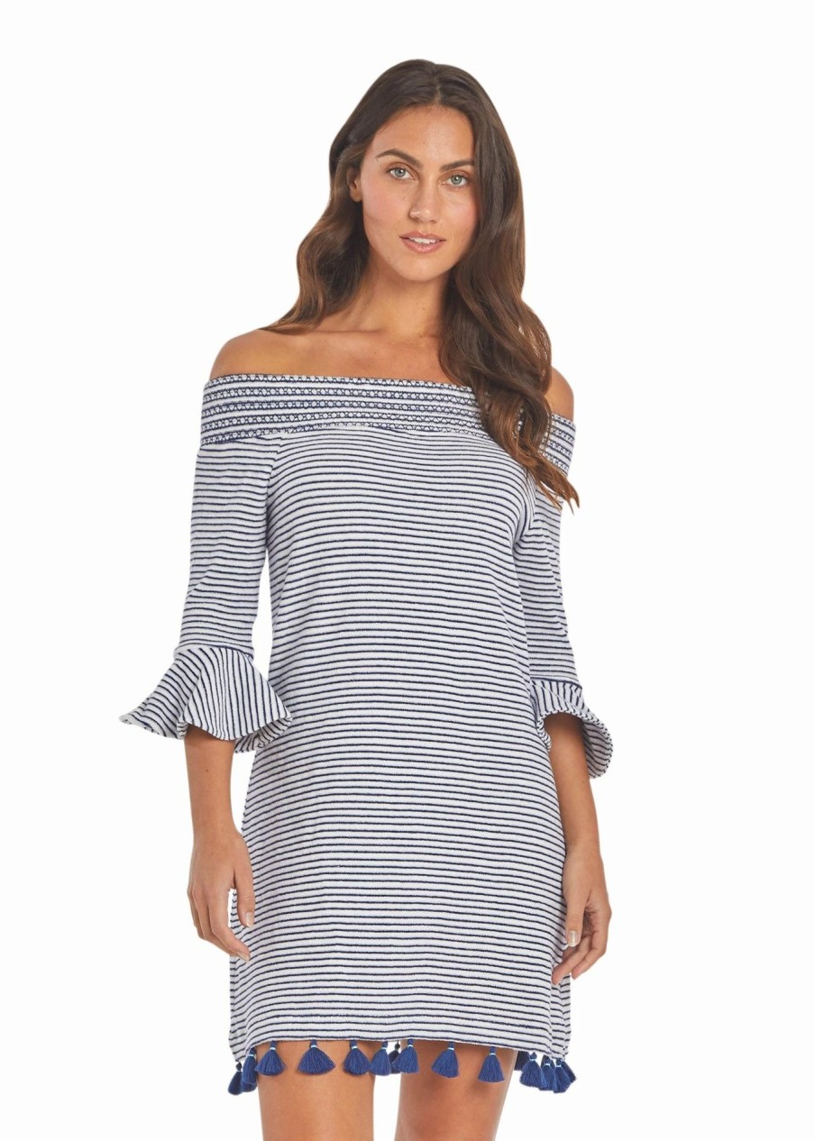 Dresses * | Cabana Life Navy Stripe Terry Off The Shoulder Dress