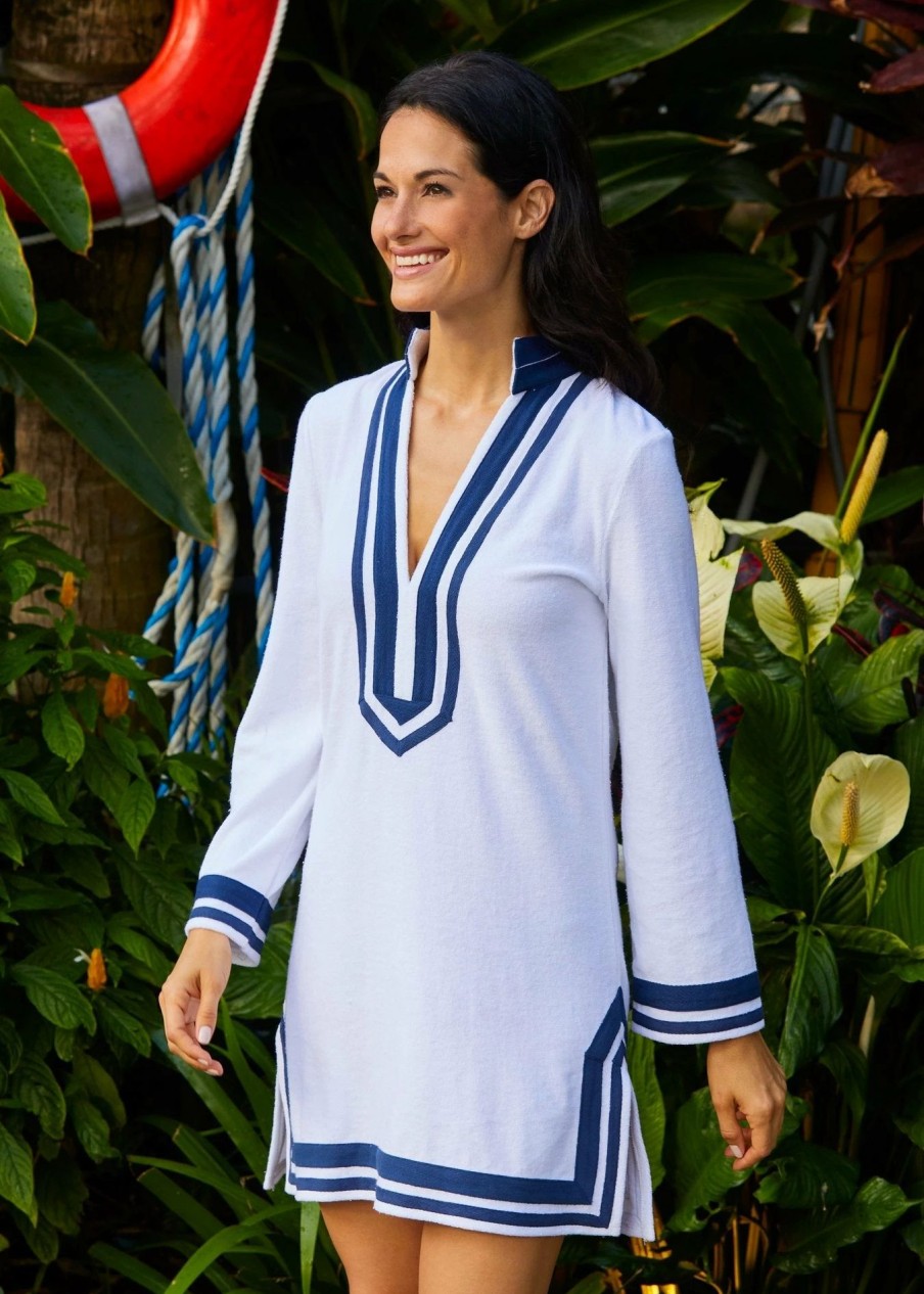 Dresses * | Cabana Life White/Navy Trim Terry Tunic