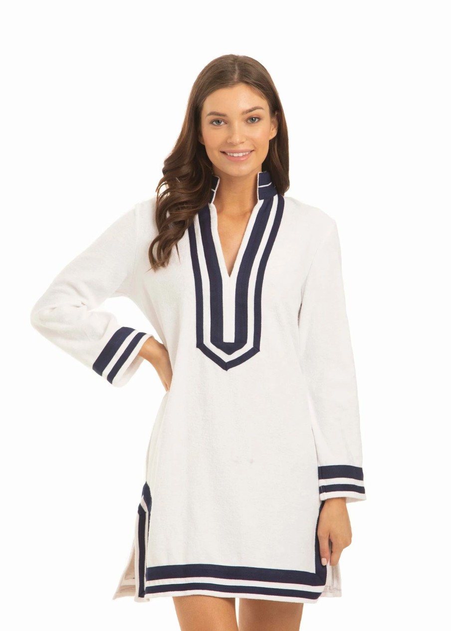 Dresses * | Cabana Life White/Navy Trim Terry Tunic